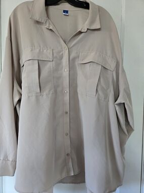 Old Navy Shirt Women Beige Top Roll Tab Sleeve Pockets 3X Casual Classic Blouse